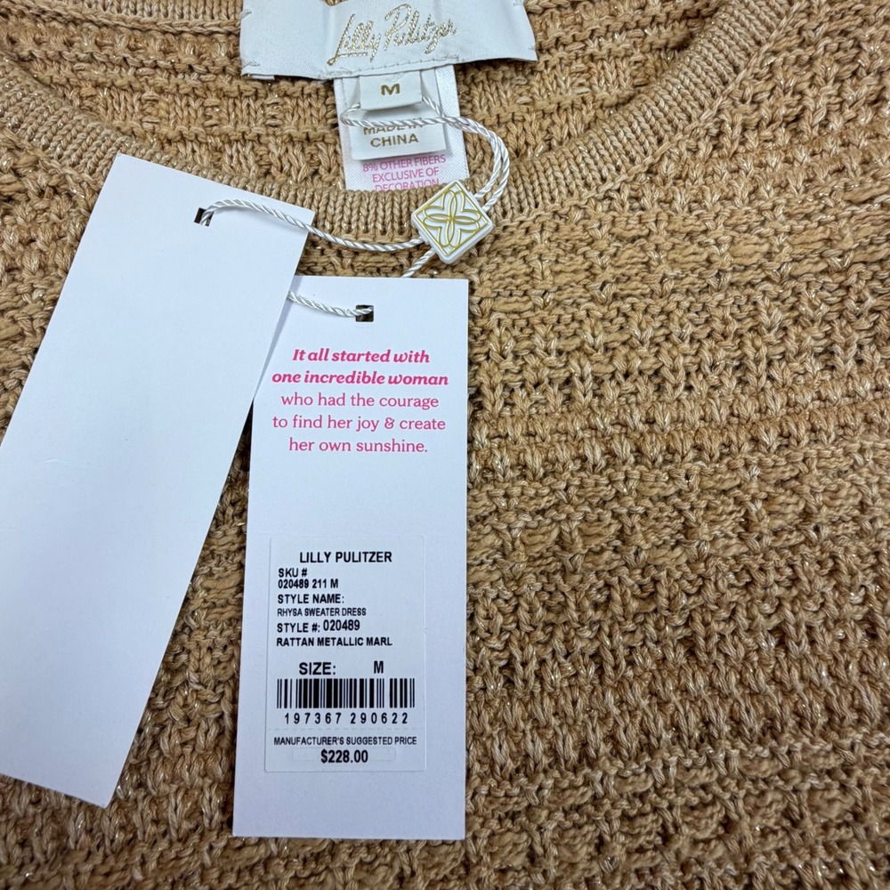 Lilly Pulitzer Rhys Sweater Dress Rattan Metallic Marl Tan Bow Pocket 020489 M - Picture 2 of 10